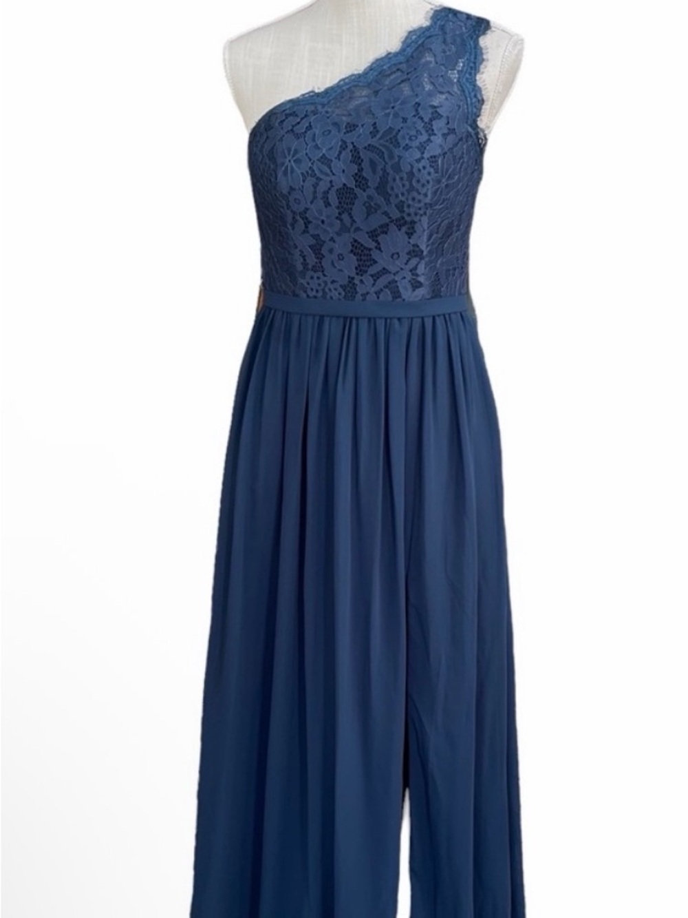 Azazie Demi navy One-Shoulder Lace & Chiffon A line Evening Dress w/ pockets - Picture 6 of 8